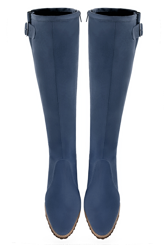 Denim blue women's knee-high boots with buckles. Round toe. Medium block heels. Made to measure. Top view - Florence KOOIJMAN